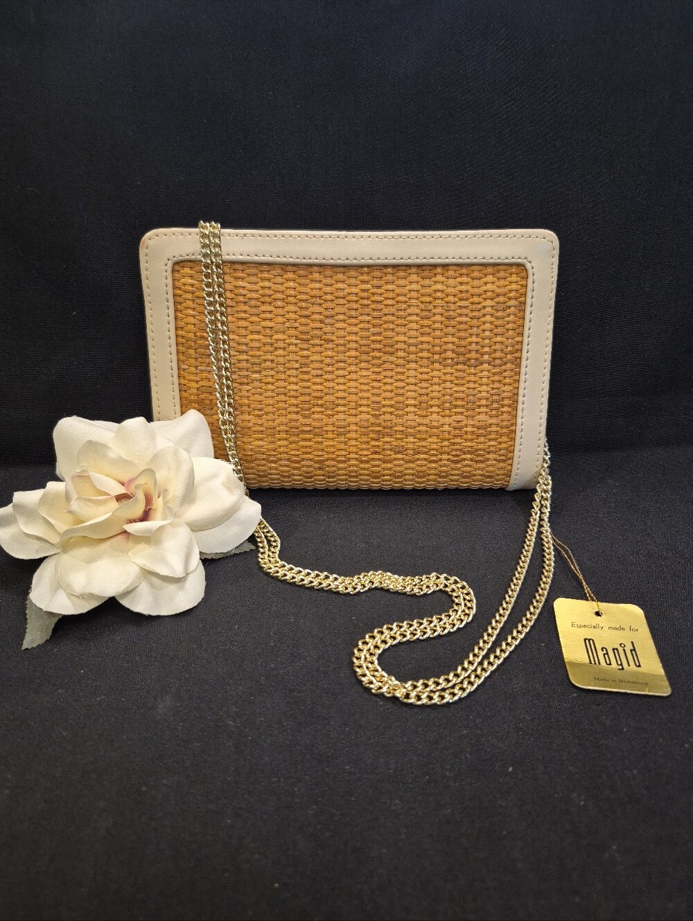 Vintage Magid Natural Wicker Clutch Purse w/ Chain Straps - Hong Kong